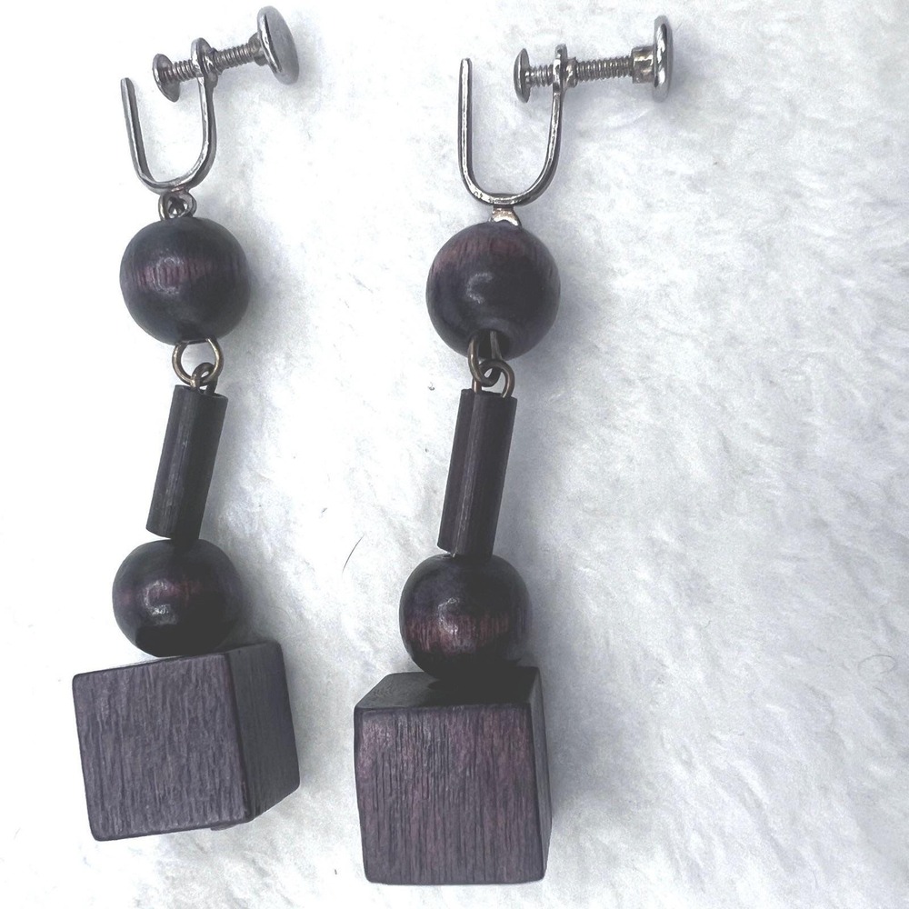Vintage Dark Wood Screw Back Earrings Articulated Geometric Gold Tone 2.5"